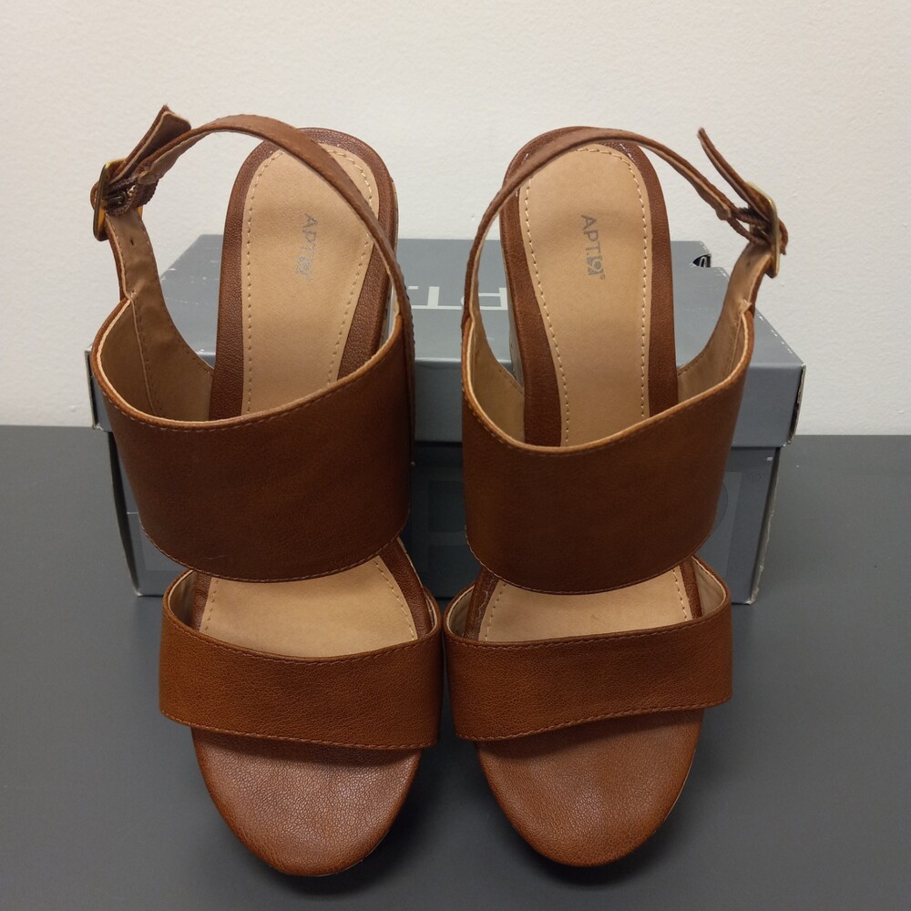 Apt. 9 Wedge Sandals Tan Strap Size 8   4.25” High Heel Shoes - Picture 10 of 14